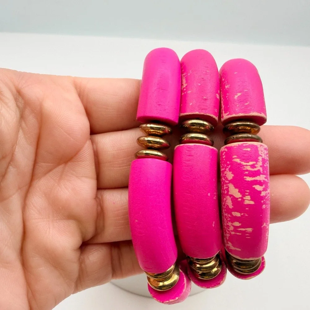 Vintage 90s Hot Pink Tube Beaded‎ Stretch Bracelet Set 3pc Gold Tone Jewelry